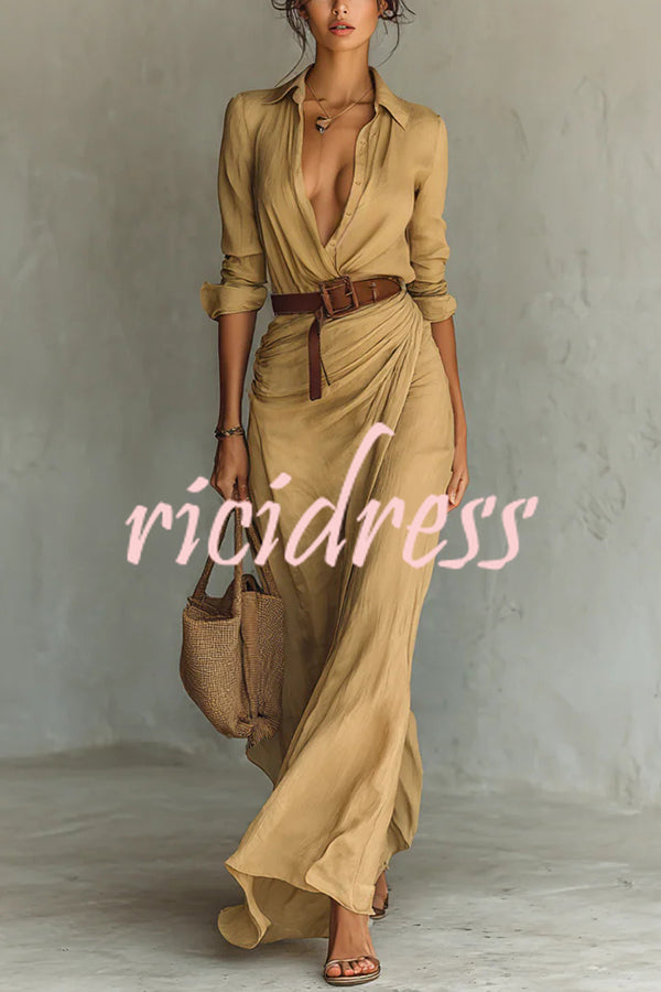 City Sleek Single Breasted Long Sleeve Warp Slit Shirt Maxi Dress