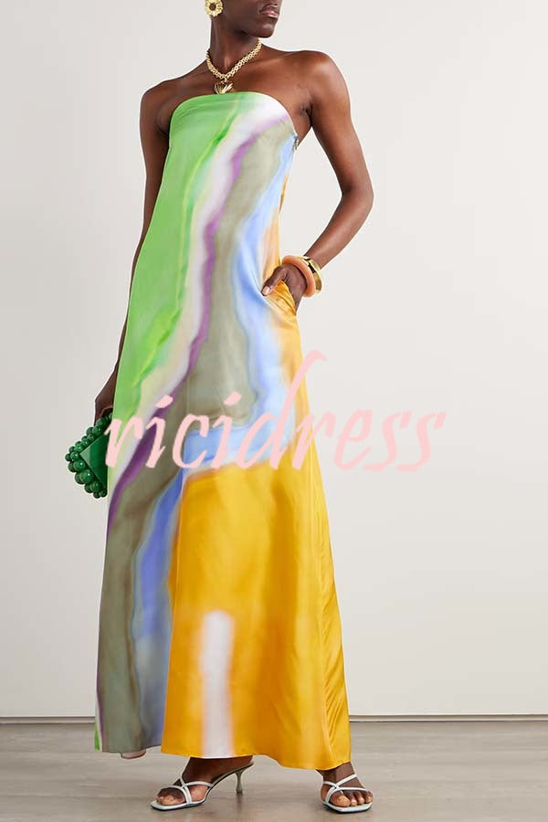 Artistic Rainbow Satin Watercolor Print Off Shoulder Pocketed H-line Maxi Dress