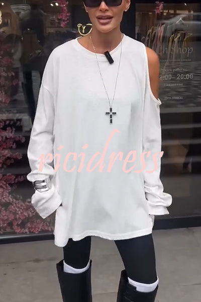 Various Ways Cutout Shoulder Long Sleeve Side Button Relaxed T-shirts