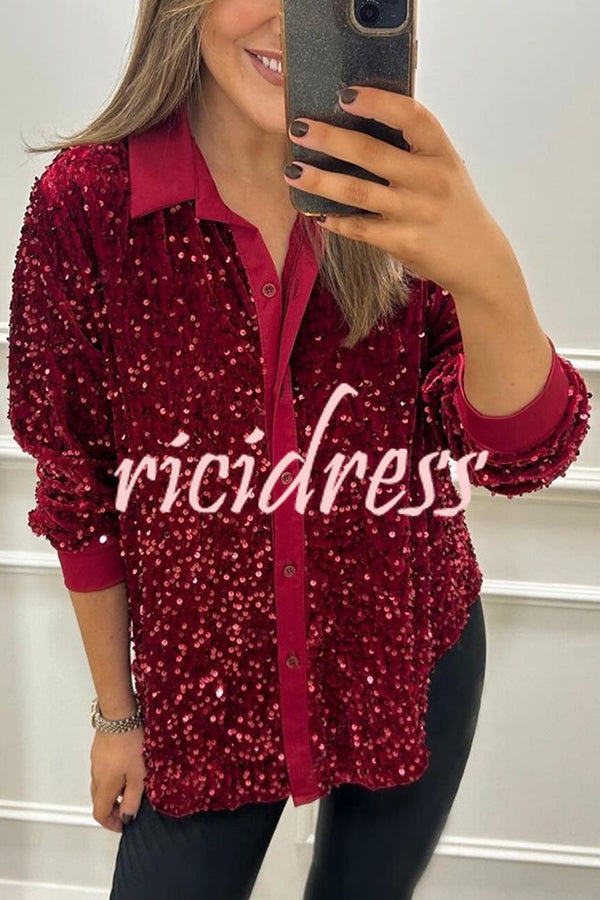 Fashion Velvet Sequined Loose Casual Long-sleeved Shirt