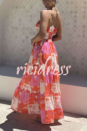 Resort Style Printed Suspender Pleated Loose Maxi Dress