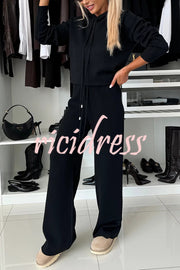 Solid Color Loose Hooded Tie Sweatshirt and Elastic Waist Casual Straight Pants Set