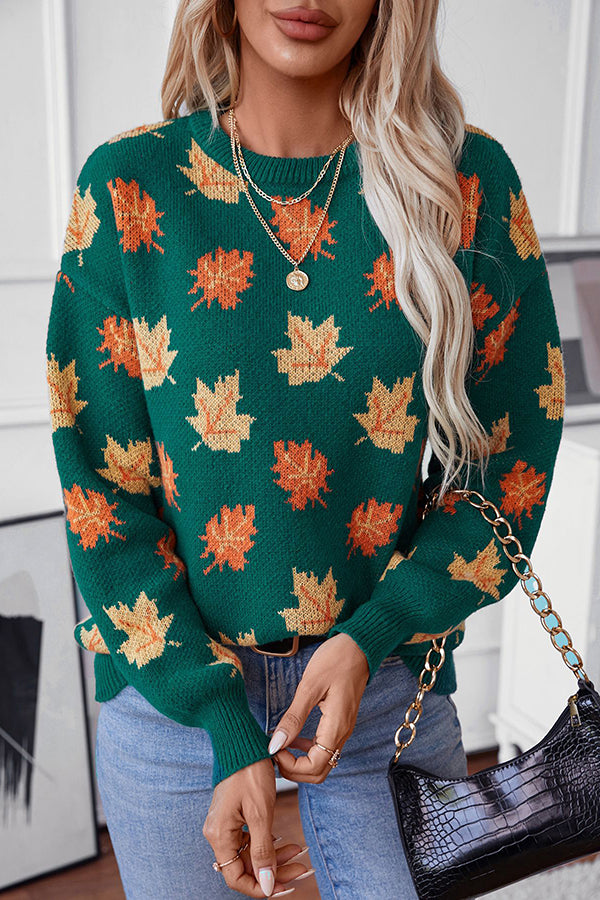 Maple Leaf Pattern Casual Loose Knitted Sweater