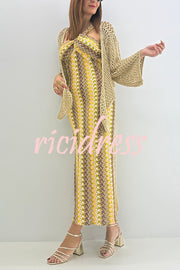 Colorful Zigzag Pattern Lace One-shoulder Slim Vacation Midi Dress