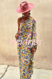 Indio Watercolor Print One Shoulder Drape Sleeve Maxi Dress