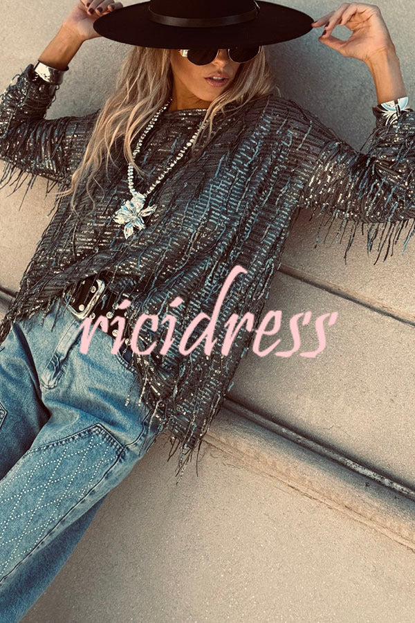 Party Crasher Sequin Tassle Fabric Long Sleeve Loose Top
