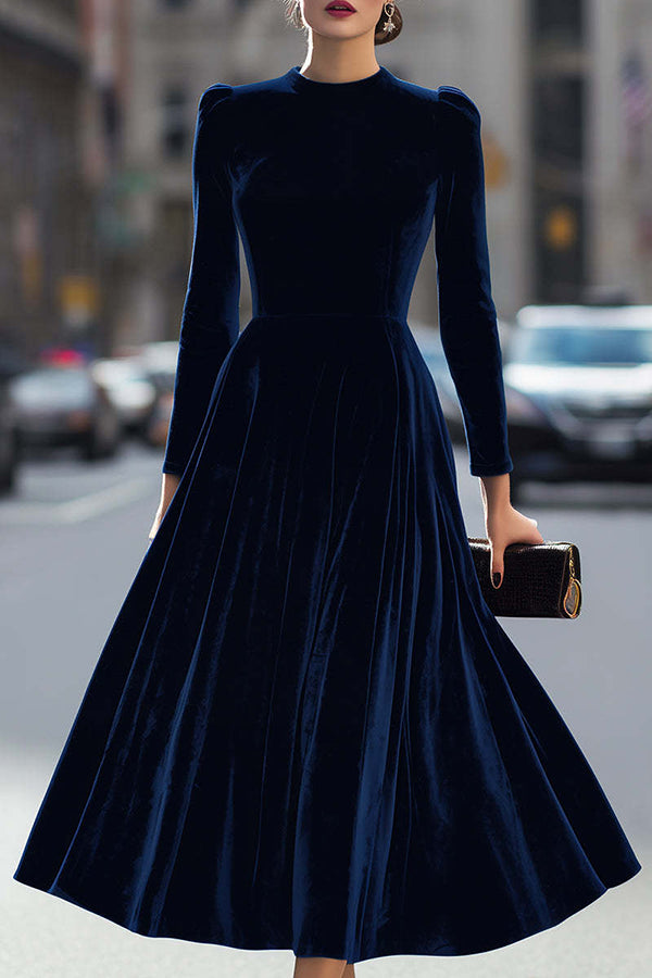 Solid Color Velvet Round Neck Long Sleeve High Waist Maxi Dress