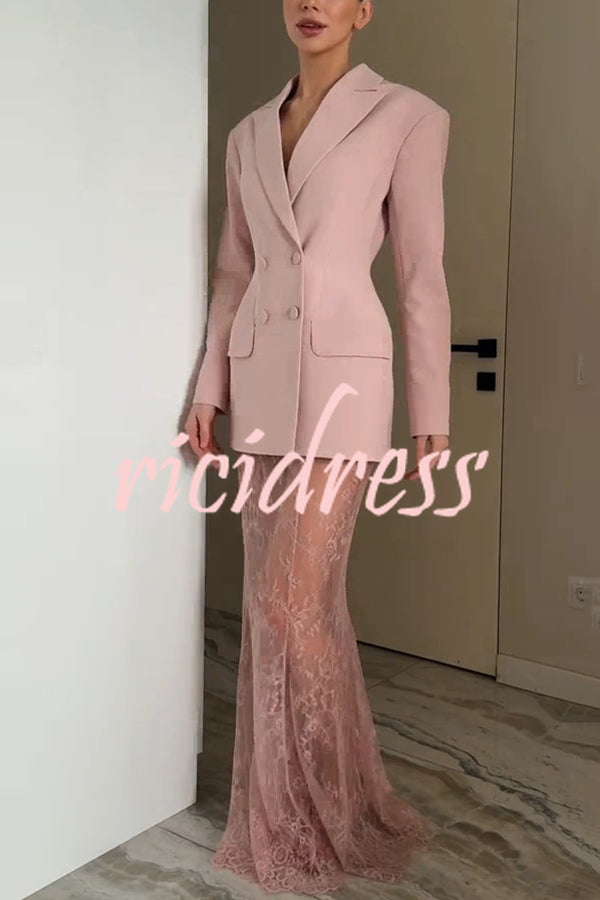 Solid Color Lapel Long Sleeve Waist Double-breasted Blazer