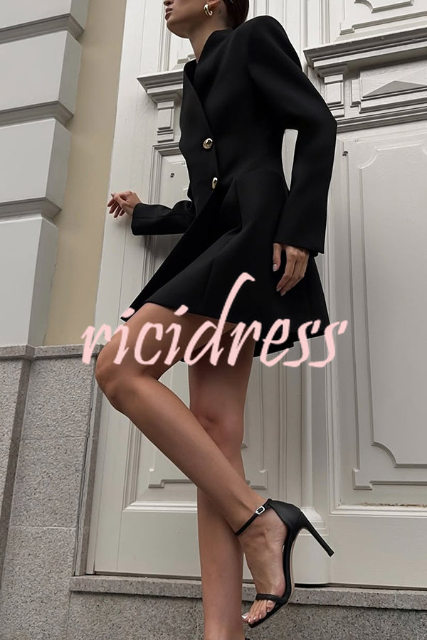Kayleen Stand V-neck Decorative Metal Button Long Sleeve Pocket Blazer Mini Dress