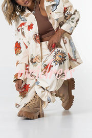 Angel Wings Denim Unique Print Button Up Long Sleeve Pocketed Relaxed Jacket