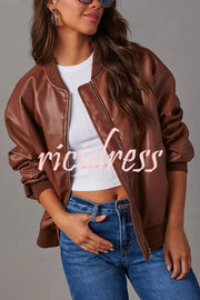 Solid Color Long Sleeve Loose Pocket Leather Jacket