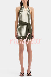 Summer Event⁠ Striped Beads Cowl Neck Backless Tie-up Mini Dress