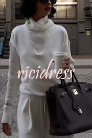 Morning Coffee Walks Ribbed Turtleneck Long Sleeve Sweatshirt and Elastic Waist Pocketed Loose Pants Set