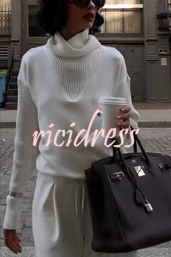 Morning Coffee Walks Ribbed Turtleneck Long Sleeve Sweatshirt and Elastic Waist Pocketed Loose Pants Set