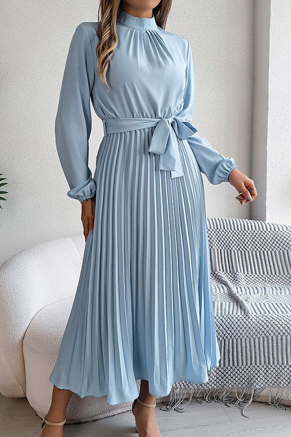 Elegant Stand-collar Long-sleeve Waisted Tie-up Pleated Midi Dress