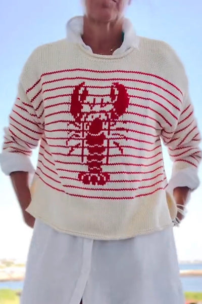 Striped Lobster Print Crew Neck Loose-fitting Knitted Sweater