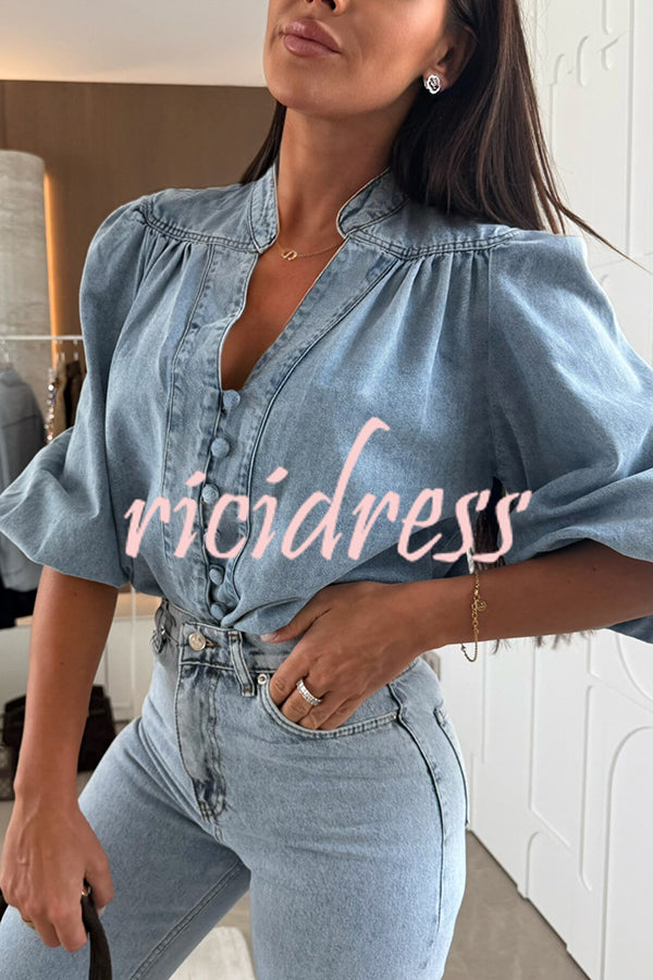 Fashion V-neck Button-down Lantern Sleeve Casual Denim Shirt