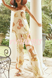 Island Time Linen Blend Unique Print Strapless Top and Elastic Waist Pocket Loose Pants Set