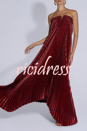 Party Time Pleated Metallic Fabric Off Shoulder Irregular Hem A-line Maxi Dress
