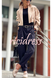 Work Style Lapel Long Sleeve Jacket and Button Belt Pocketed Slit Midi Skirt Set