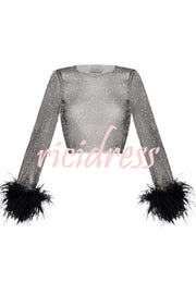 Sparkly Holiday See-through Glitter Fabric Feather Trim Top