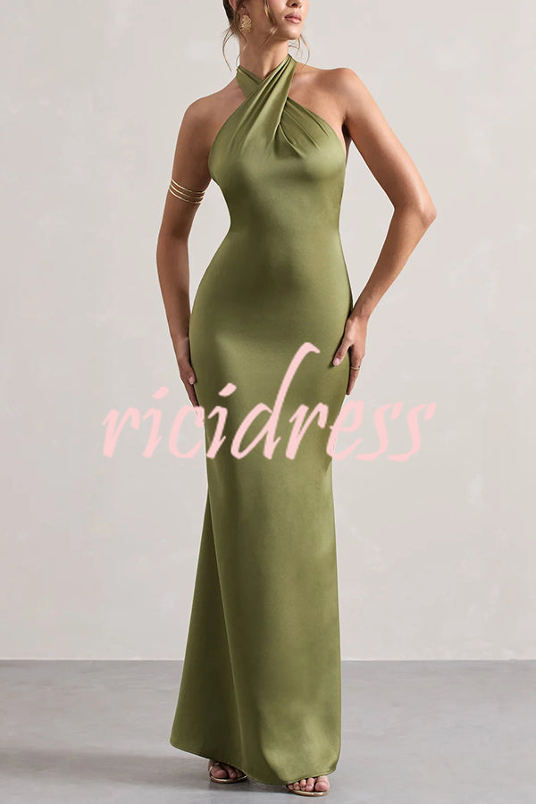 Solid Color Halter Neck Tie Sexy Backless Slim Maxi Dress