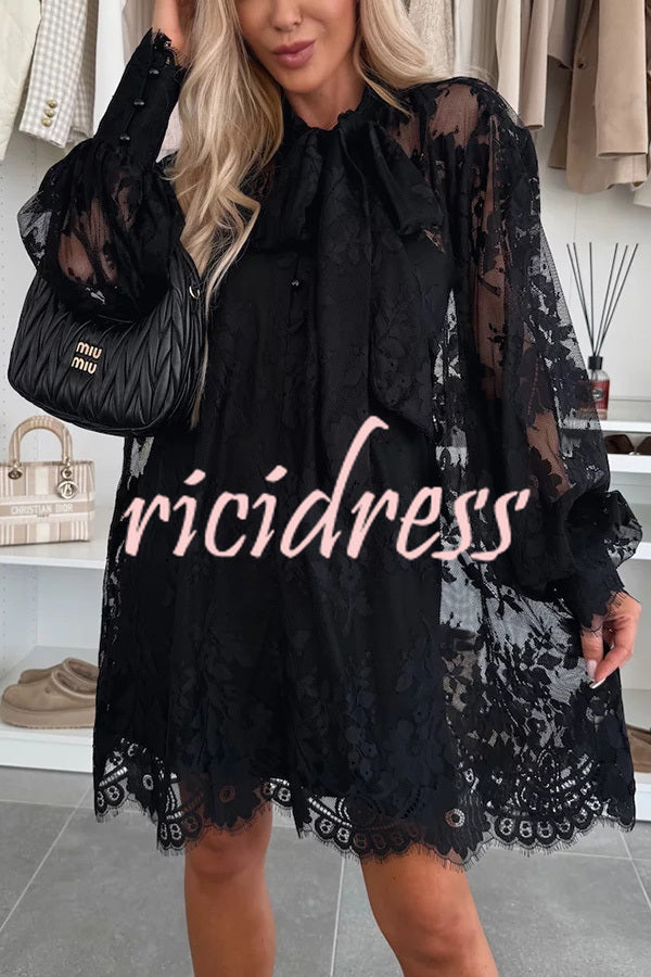 Night Rose Lace Bow Neck Long Balloon Sleeve A-line Mini Dress