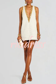 Cocktail Charm Sequin Colorblock Trim V-neck Sleeveless A-line Mini Dress