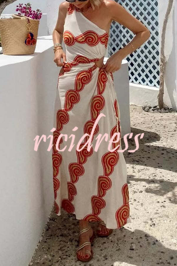 Enjoy A Sunny Linen Blend Shell Print One Shoulder Cutout Waist Tie-up Slit Maxi Dress