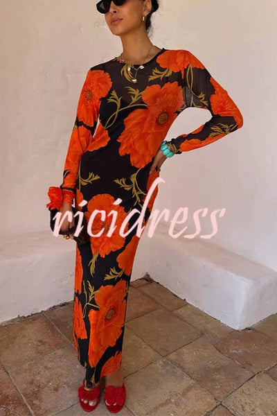 Perfect Cross-season Mesh Poppy Flower Print Long Sleeve Stretch Maxi Dress