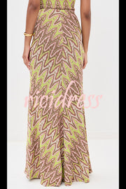 Moonlit Waltz Knit Jacquard Zigzag Print High Rise Stretch Flare Maxi Skirt