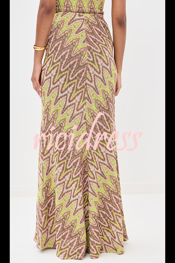 Moonlit Waltz Knit Jacquard Zigzag Print High Rise Stretch Flare Maxi Skirt