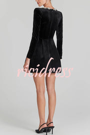 Endless Celebration Velvet Jewel Embellished Trim Long Sleeve Pocketed Mini Dress