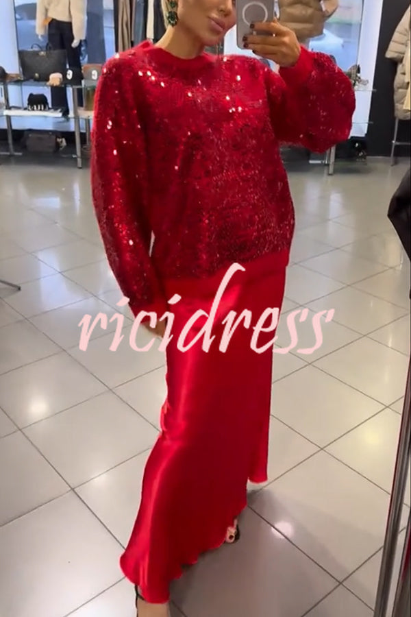 Celebration Day Sequin Patchwork Loose Sweatshirt and Satin Elastic Waist Maxi Skirt Set