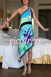 Naughty Lady Satin Unique Print One Shoulder Irregular Hem Vacation Midi Dress