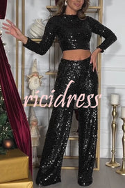 New Start Sequin Long Sleeve Back Tie-up Crop Top and Elastic Waist Loose Pants Set