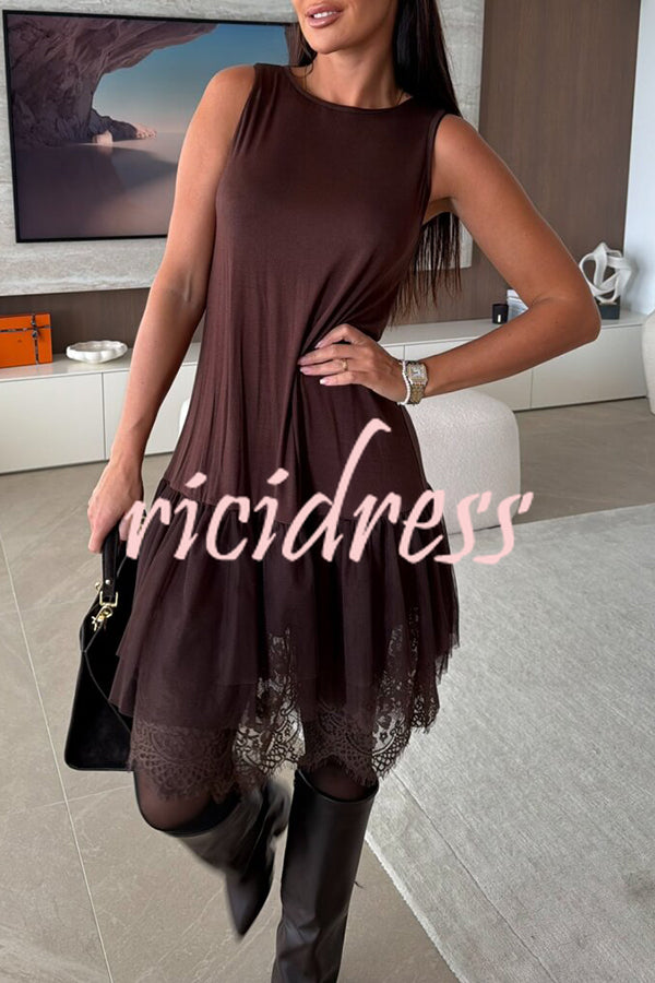 Upper East Chic Tulle Lace Tiered Hem Stretch Tank Midi Dress