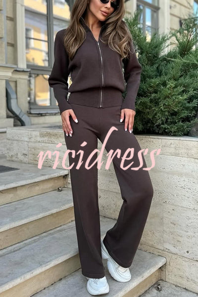 Cozycore Knit Zipper Long Sleeve Cardigan and Stretch Wide Leg Pants Set