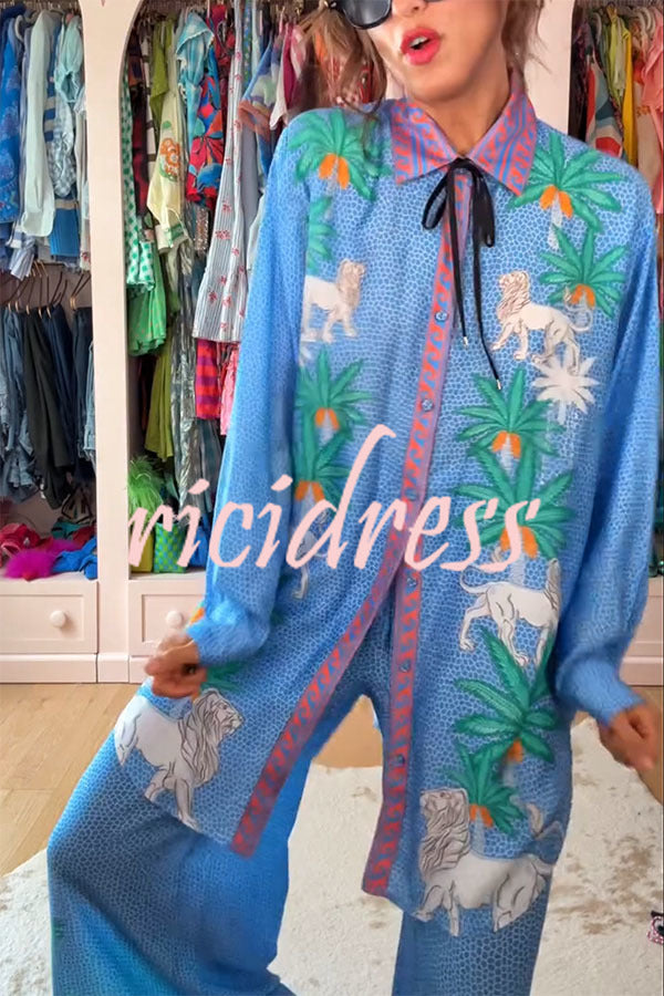 Sunday Breeze Satin Unique Print Button Down Oversized Blouse