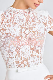 Party Charmer Flower Lace Patchwork Short Sleeve Bow Belted Flare Jumpsuit