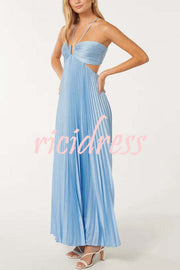 Caught Your Eye Satin Pleated Cross Straps Cutout Flowing Maxi Dress