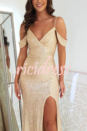 Prom Dreamland Sequin Cold Shoulder Ruched Slit Maxi Dress