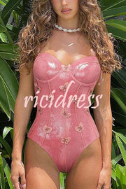 Solid Color Shiny Fabric Sweet Butterfly Decoration Stretch One-piece Swimsuit