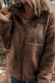 Solid Color Faux Cashmere Zip-up Pocket Casual Jacket