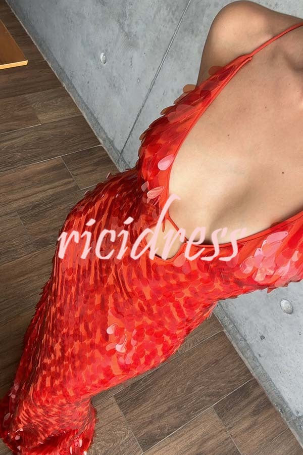 Reshape Beauty Fish Scale Sequin Cutout U-neck Slip Maxi Dress