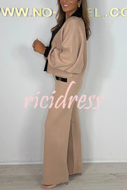 Fashion Contrast Color V-neck Loose Cardigan and Elastic Waist Casual Pants Set