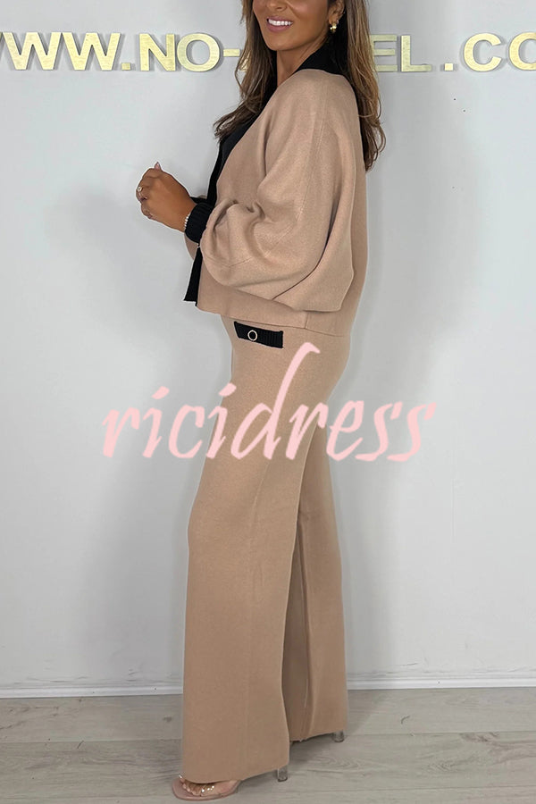 Fashion Contrast Color V-neck Loose Cardigan and Elastic Waist Casual Pants Set