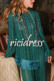 Relaxing Time Knit Zigzag Pattern Tassel Trim Slit Top and Wide Leg Pants Set