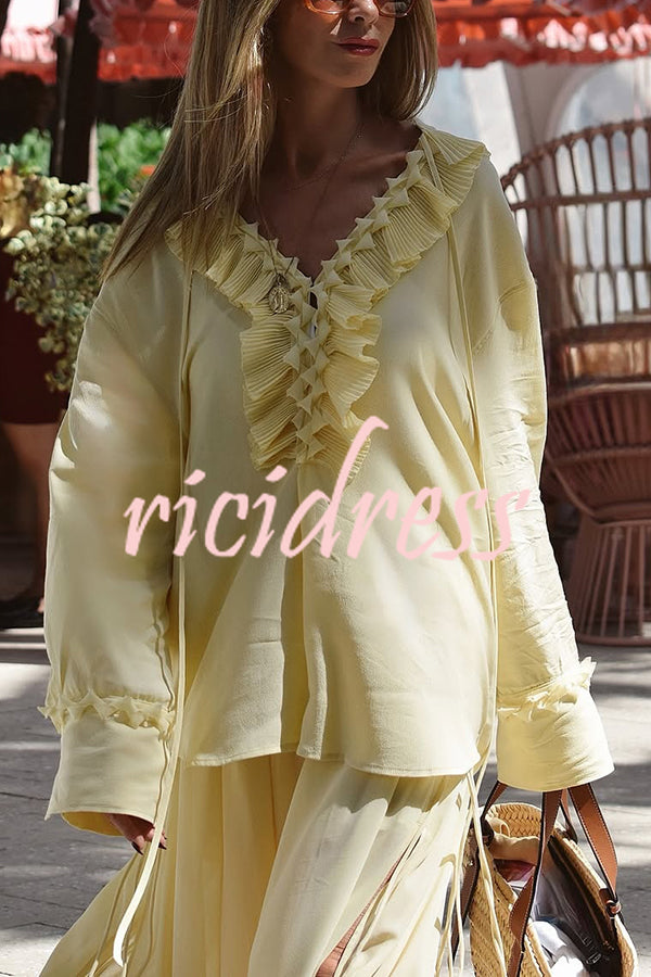 Solid Color Pleated Ruffled Tie Long Sleeve Loose Shirt