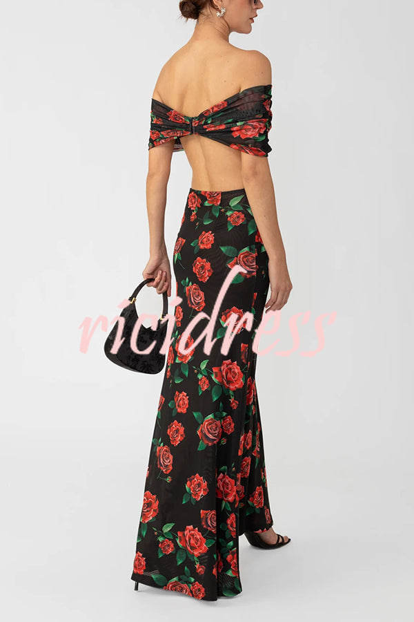 Rose Print Sexy Strapless Backless Slim Maxi Dress